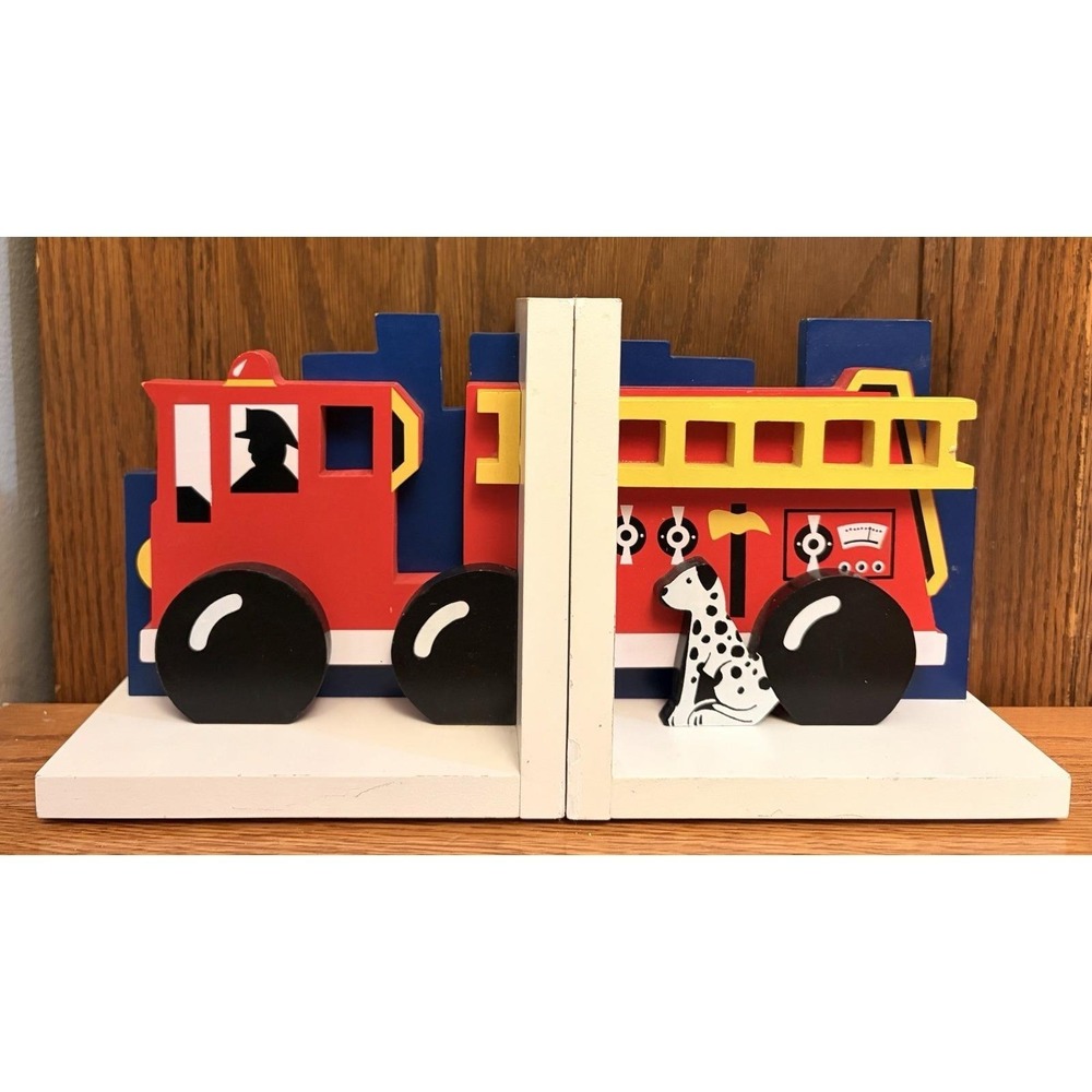 VTG Sassafras Enterprises Firetruck Bookends Handcrafted Dalmatian Decor 1990